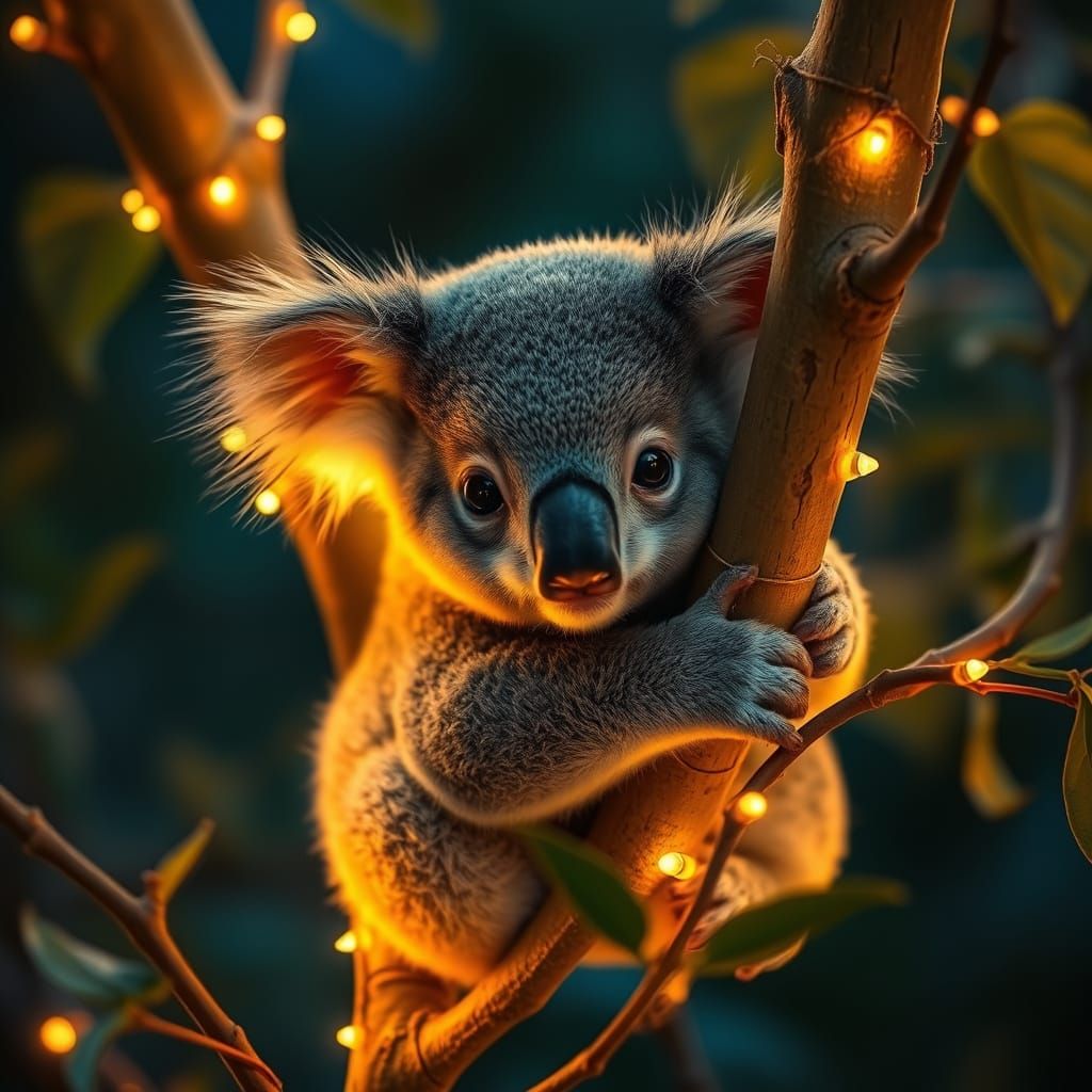 Baby Koala in Glowing Tree: Hyperrealistic Image