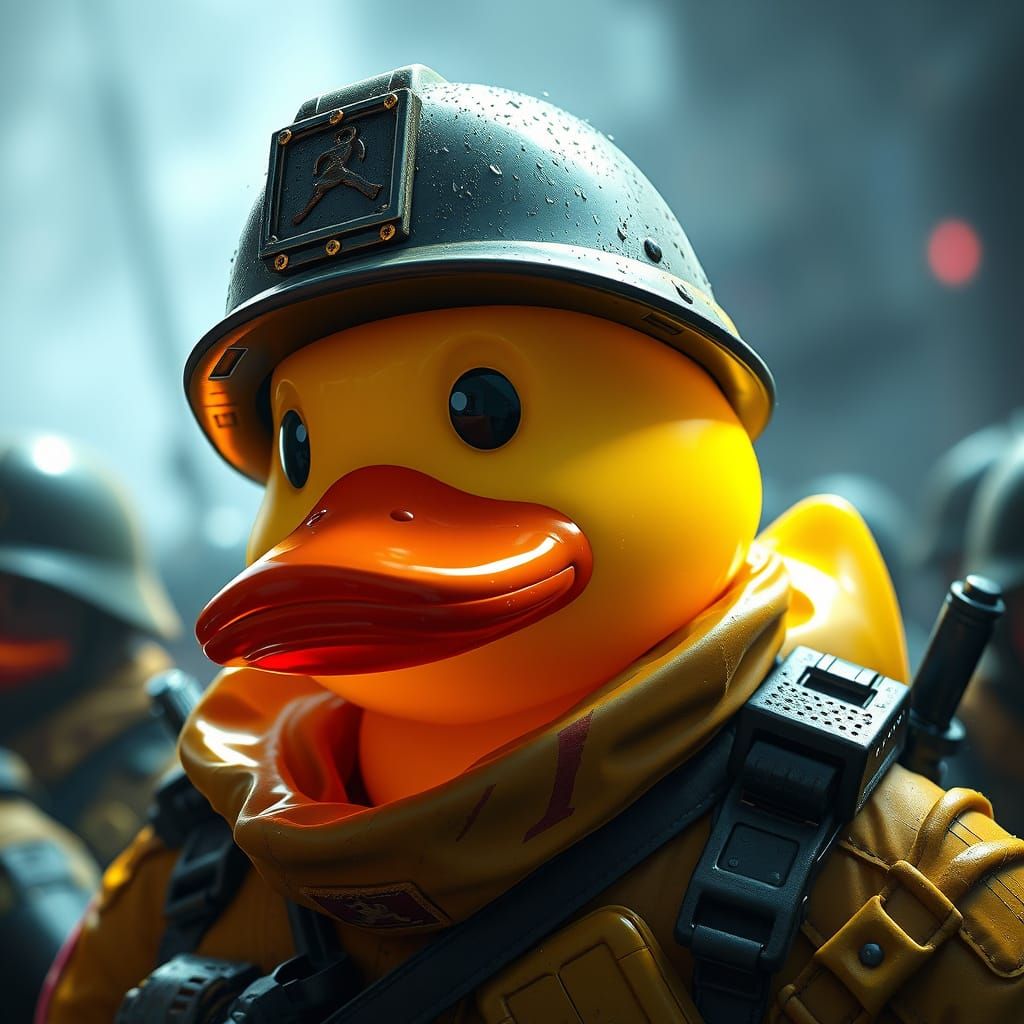 Surreal Rubber Ducky Army Portrait in Vibrant Triadic Colors