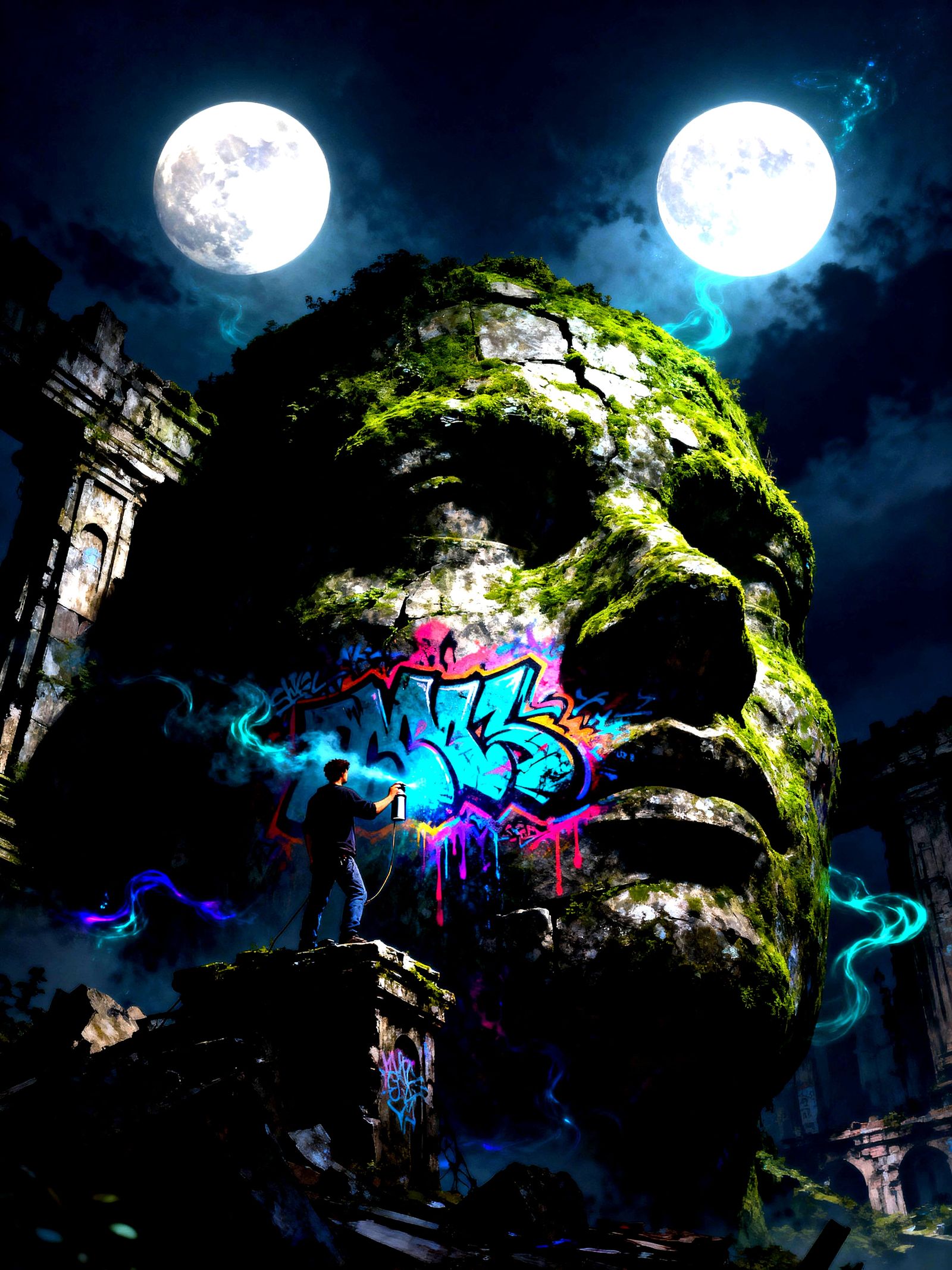 Graffiti Artist Paints Ruin Under Twin Moons