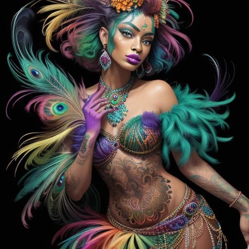 Abstract Portrait: Woman with Rainbow Skin and Peacock Feath...