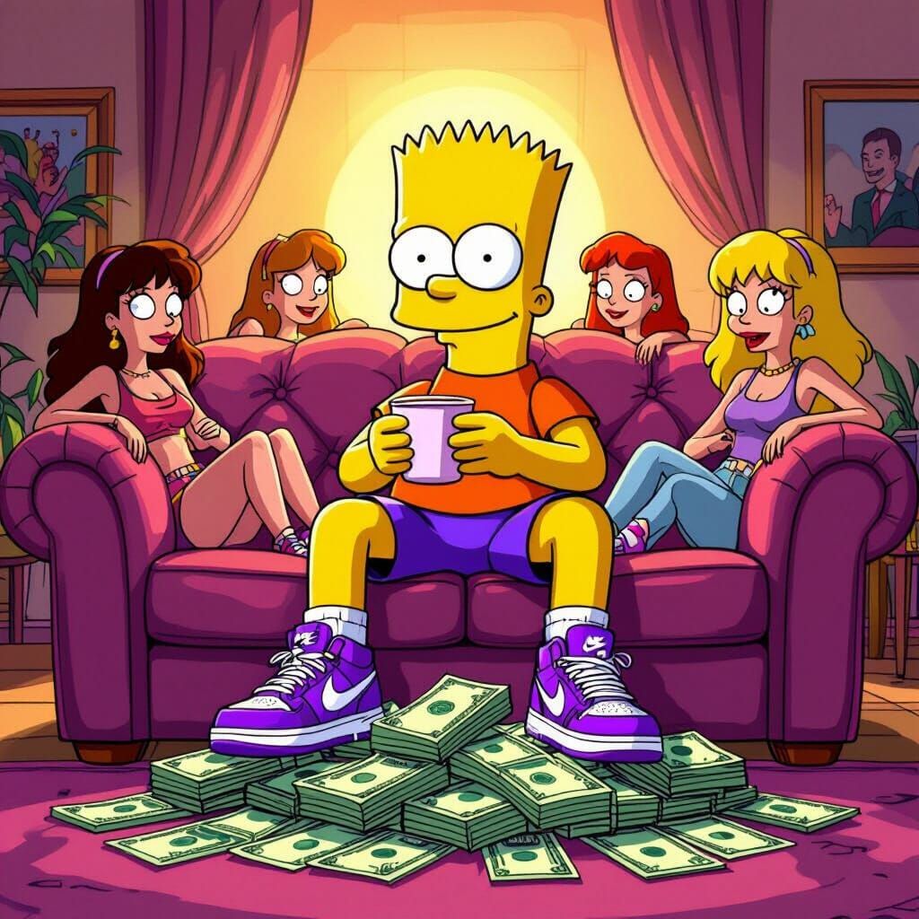 Bart Simpson on Couch with Money and Girls, 90s Cartoon Styl...
