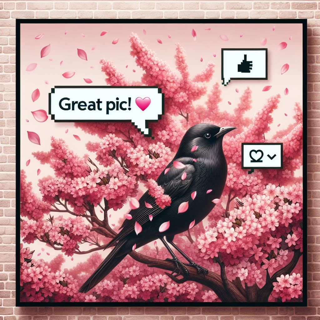 Black Bird in Cherry Tree with Sakura Petals