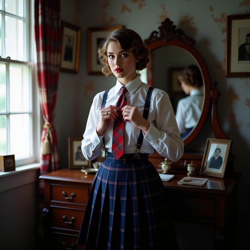 Nostalgic Figure Adjusts Tie at Vintage Vanity