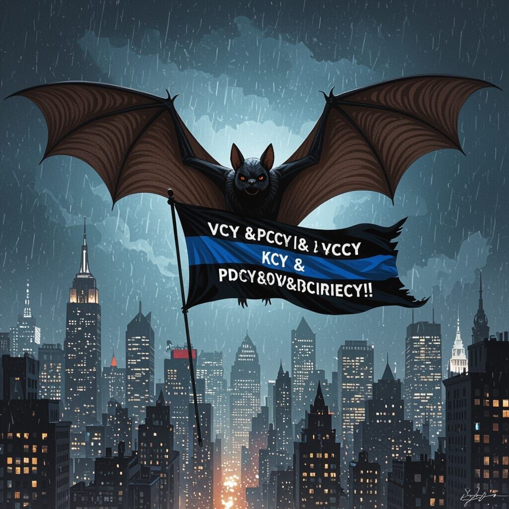 Bat Flies Over Dark City Holding Black and Blue Flag