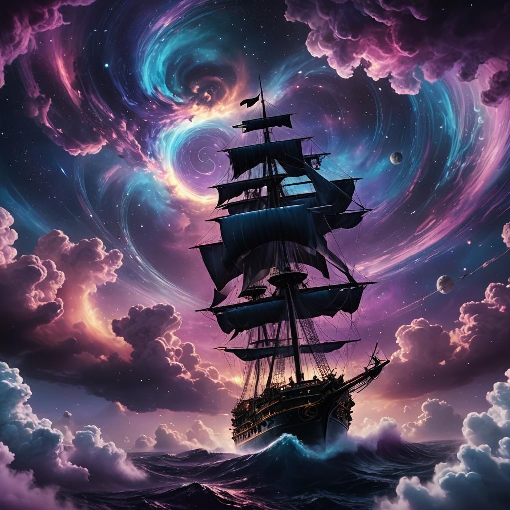 Warship Sails Through a Swirling Starry Vortex