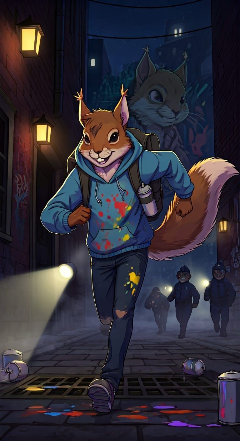 Anime Squirrel Graffiti Artist in Victorian City
