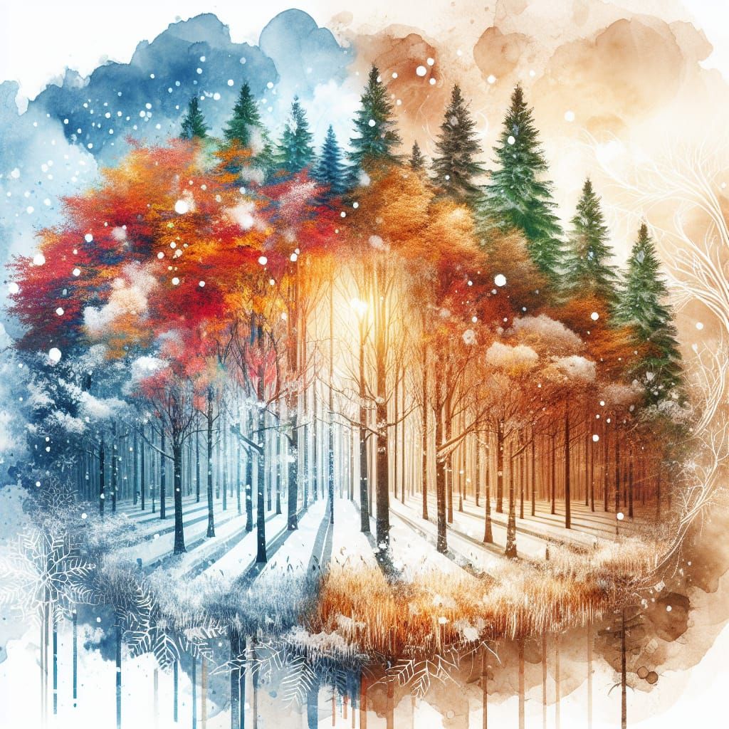 Autumn Meets Winter: Double Exposure Forest in Watercolor