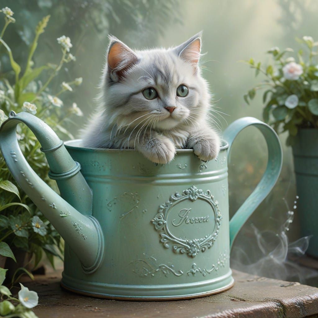 Ethereal Kitten Peeking From Watering Can