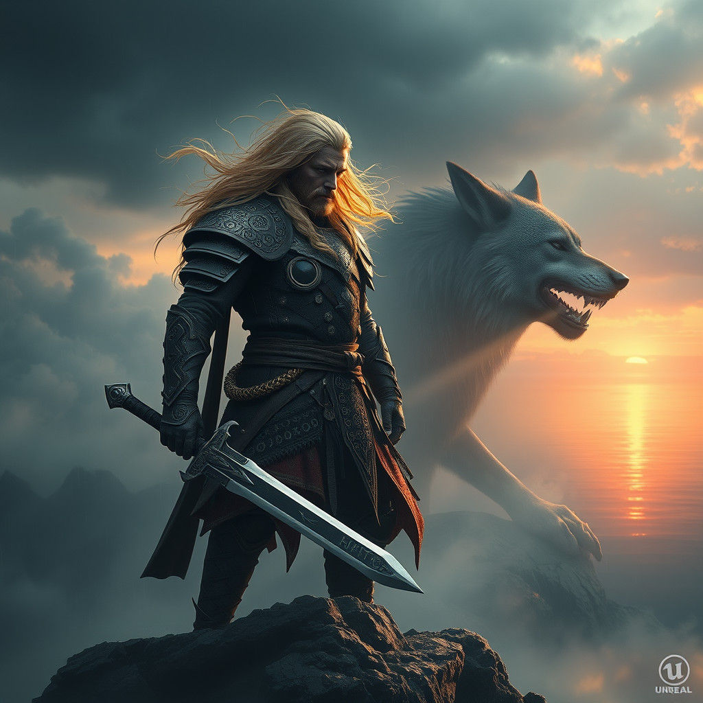 Warrior on Misty Mountain with Wolf, Fantasy Art