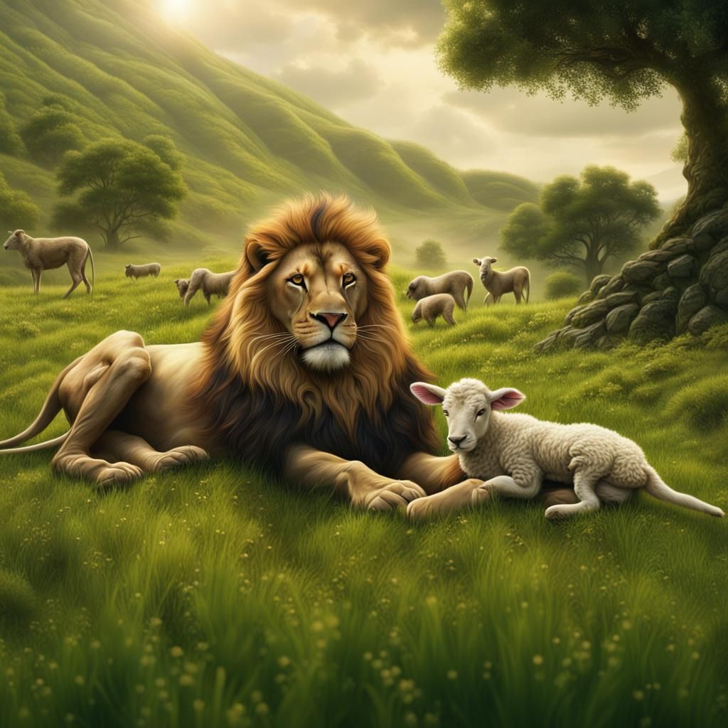 Lion and Lamb in Lush Meadow: Digital Painting