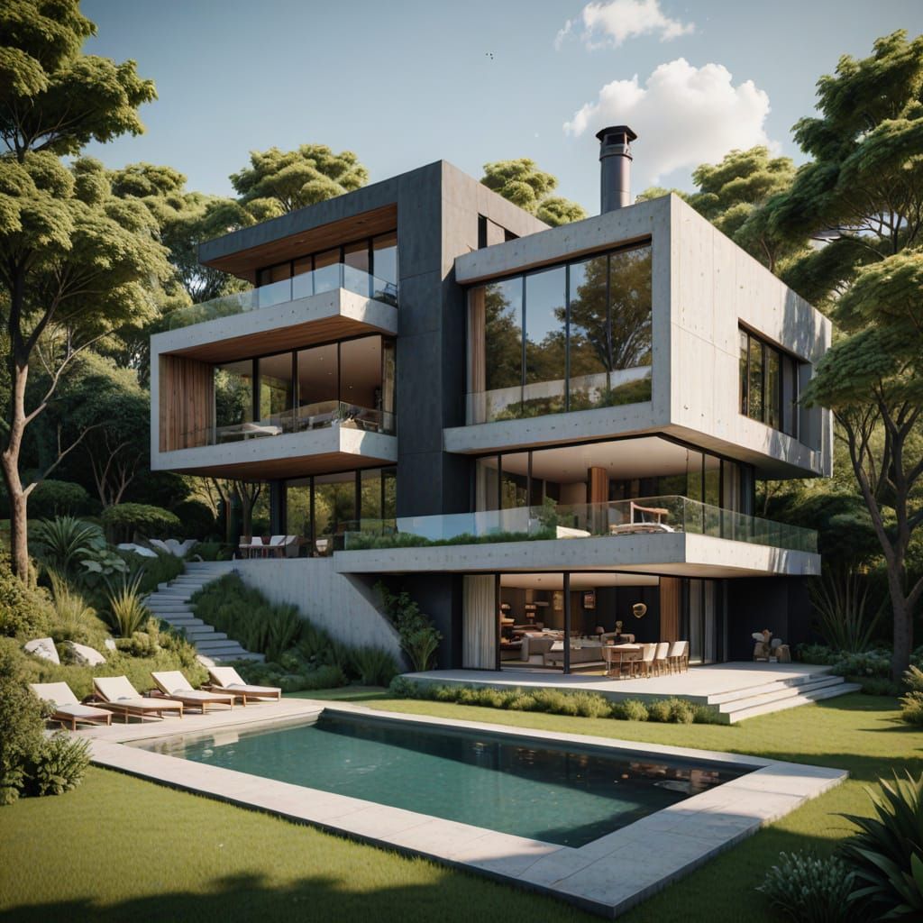 Modern Villa with Infinity Pool in Hyper-Realistic Style