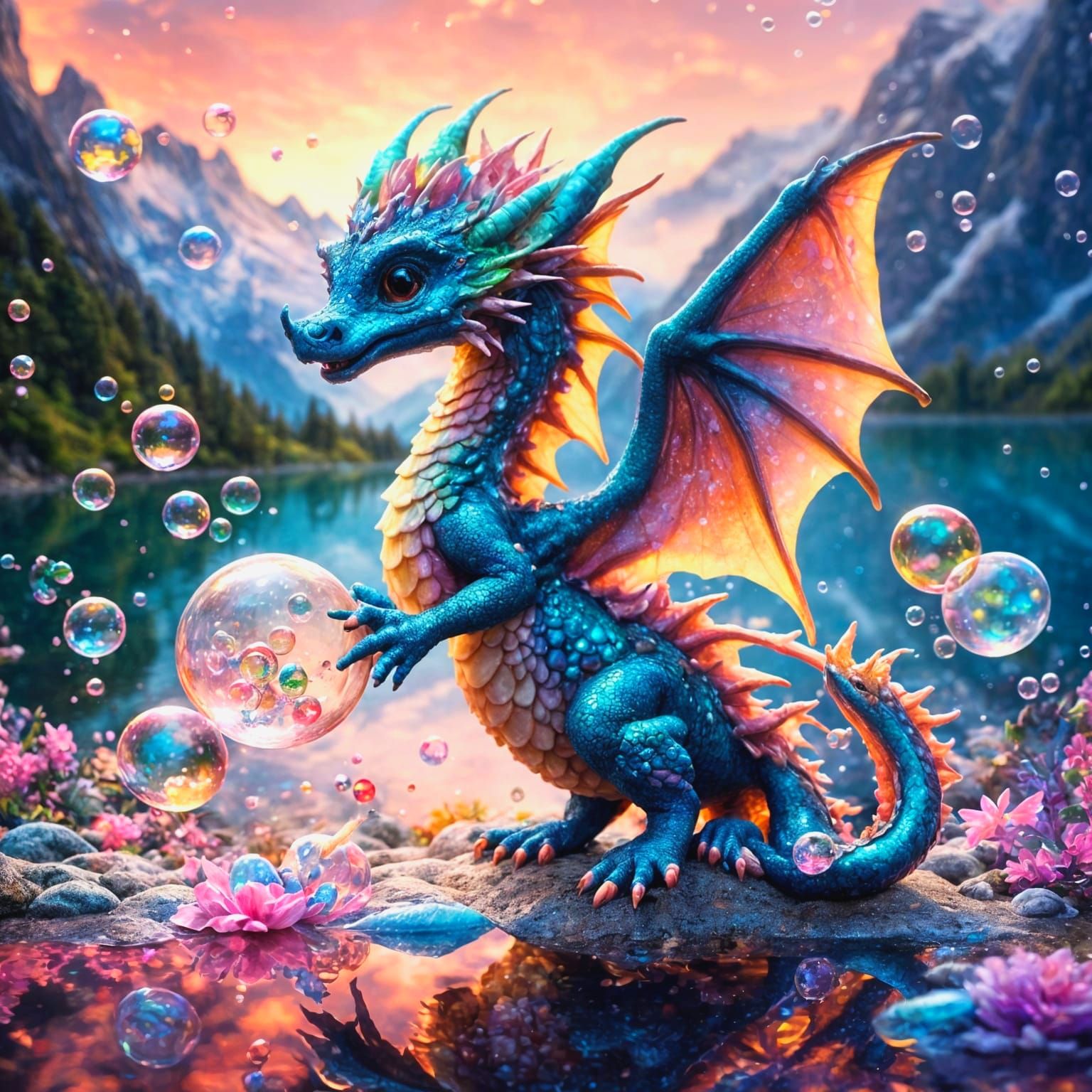 Pastel Dragon Blowing Bubbles in Crystal Lagoon