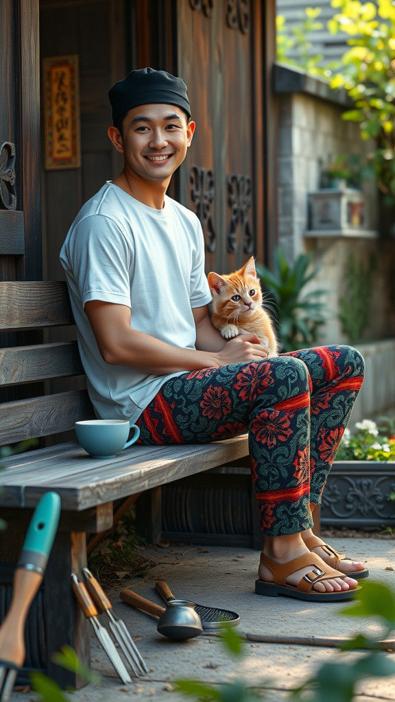 Serene Korean Man with Kitten in Dreamlike Digital Art