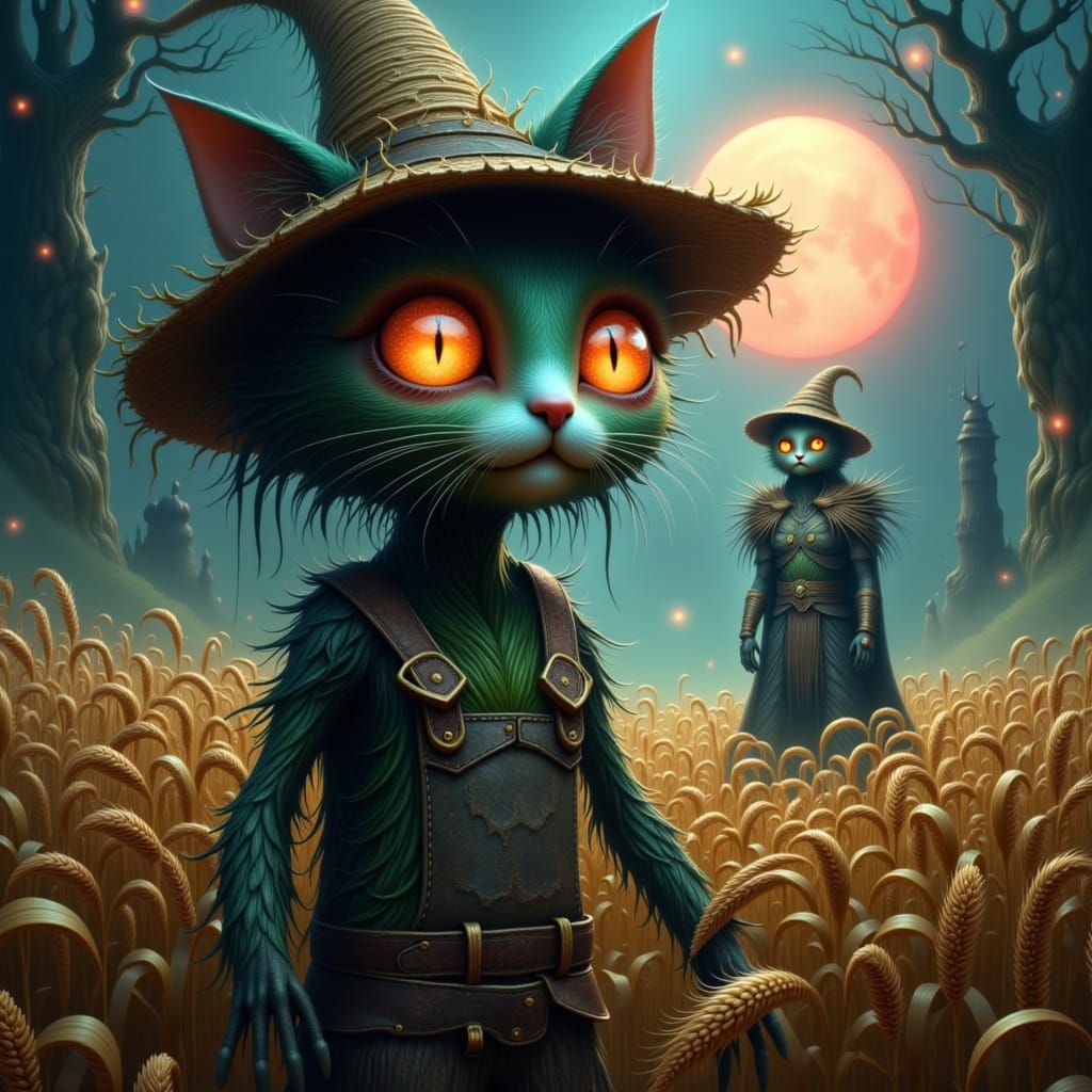 Eerie Cat-Scarecrow & Undead Paladin in Gothic Fantasy