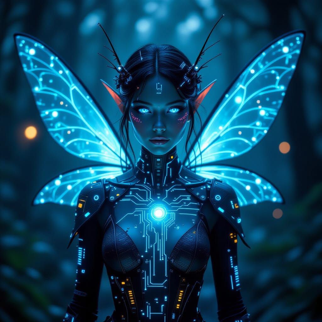 Cyberpunk Fairy With Bioluminescent Wings and Circuit Skin