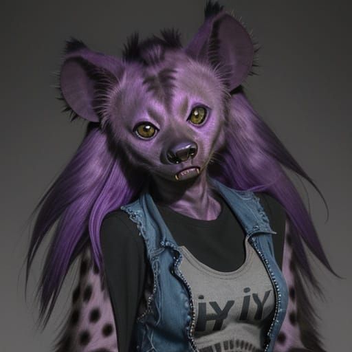 Scuzzy Hyena Girl with Purple Hair and Denim Vest