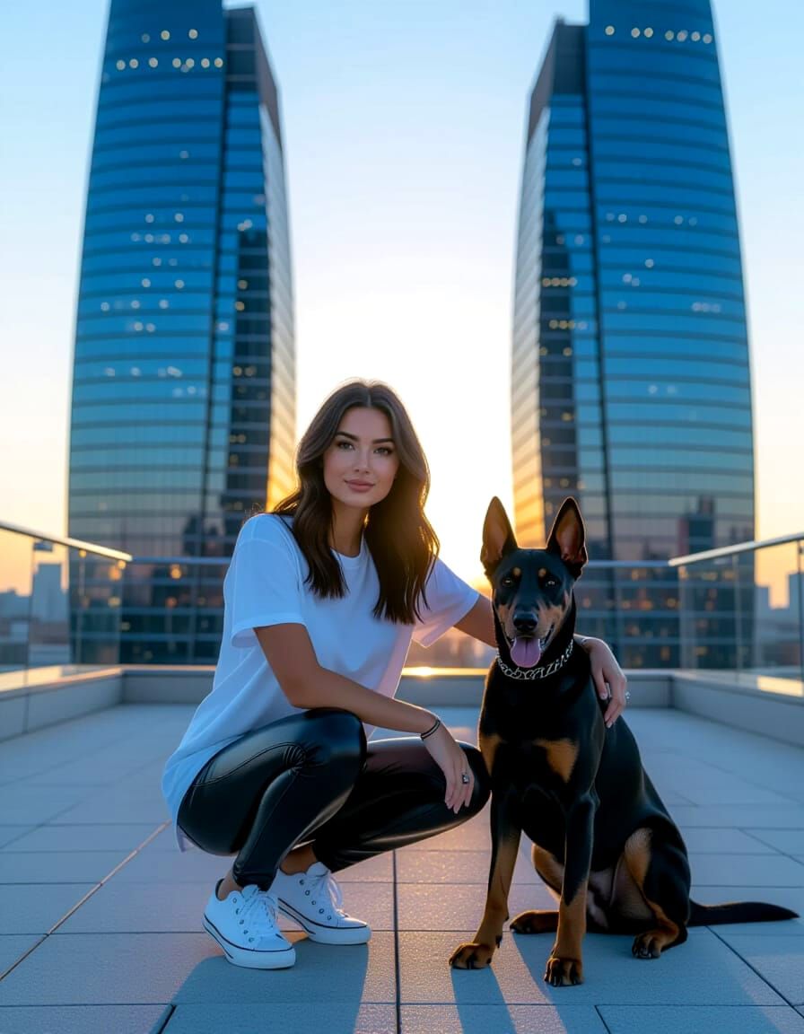 Woman and Doberman on Terrace at Dusk