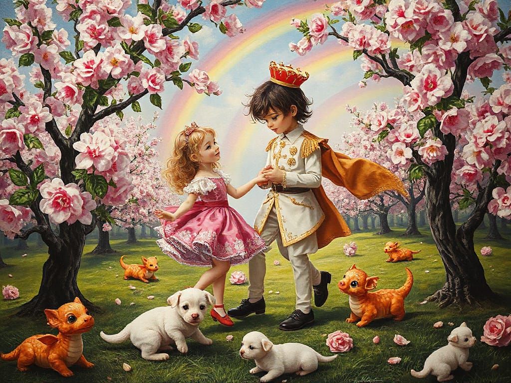 Chibi Princess Dances with Prince in Vibrant Sakura Orchard