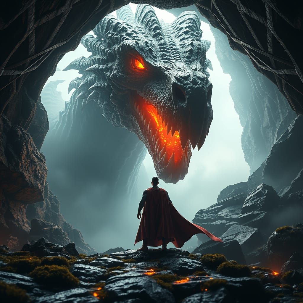 Superman Faces a Majestic Dragon in a Haunting Cave