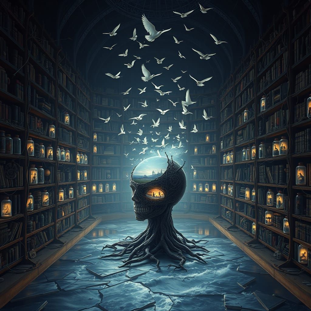Surreal Library of Memories in Endless Darkness