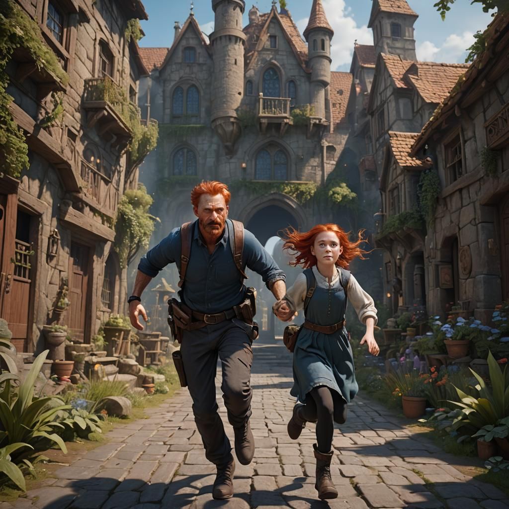 Girl's Joyful Reunion with Father: Fantasy Art