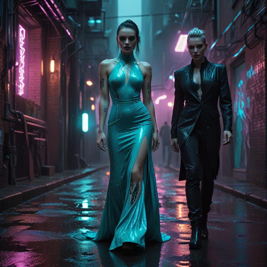 Cyberpunk Fashion Model in Neon Alley Portrait