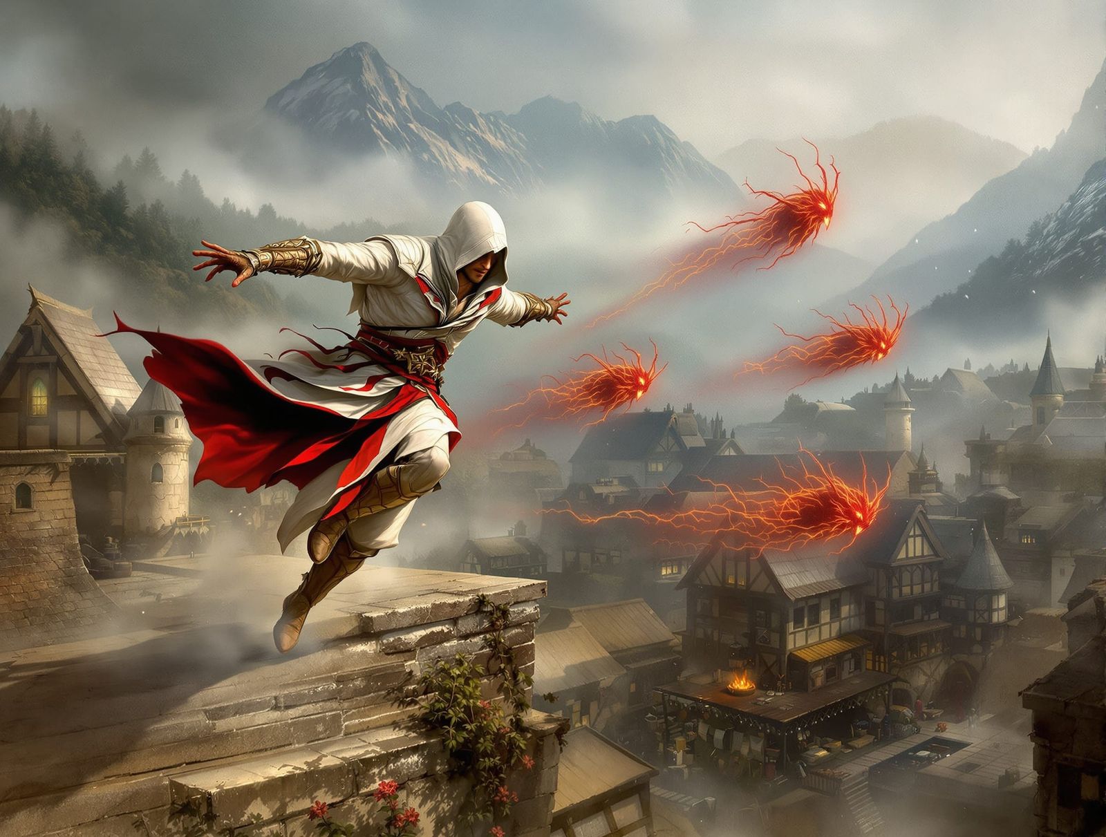 Assassin Running from Spirits in Medieval City