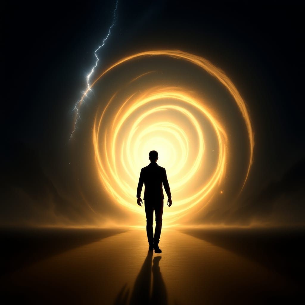 Figure Approaches Luminous Portal of Infinite Possibility