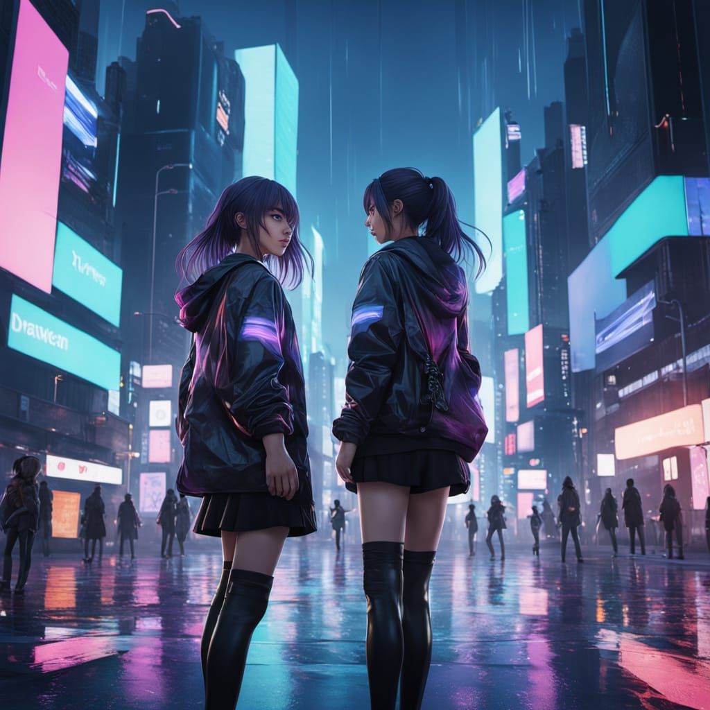 Anime Girls in Neon Cityscape: 3D Aesthetic