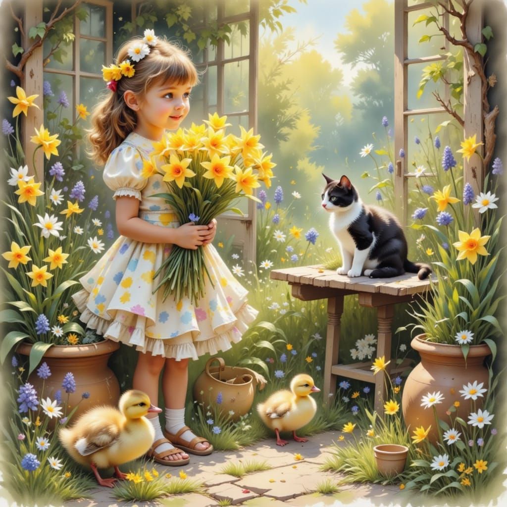 Girl with Daffodils, Ducklings, and Cat in Watercolour Style