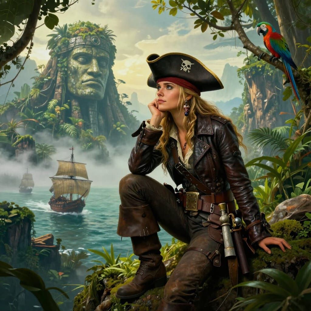 Female Pirate Explorer on Jungle Cliff in Epic Fantasy Style