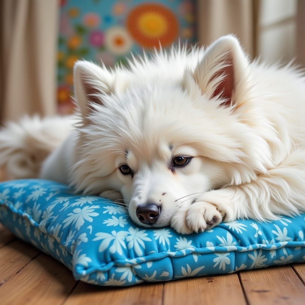 Adorable Maltese Dog Sleeping on Blue Cushion