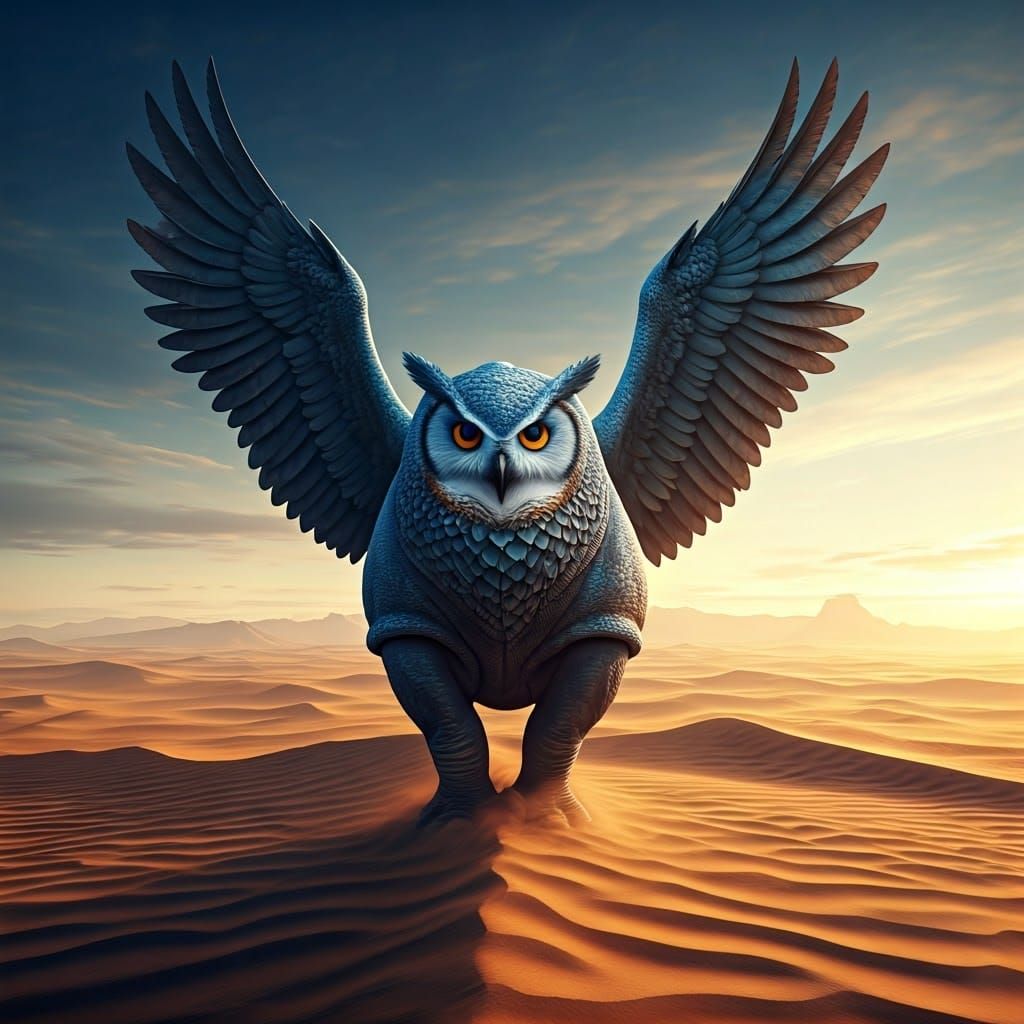 Blue Owl with Rhinoceros Soars Across Vibrant Desert Landsca...