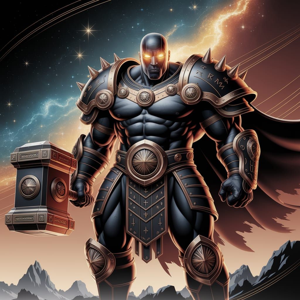 Epic Black Warrior in Cosmic Fantasy Realm