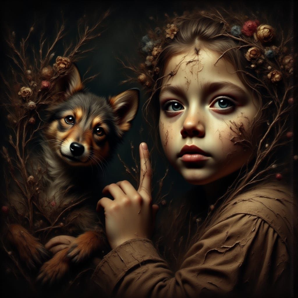 Navajo Child Meets Trickster Coyote in Dark Fantasy Oil Pain...