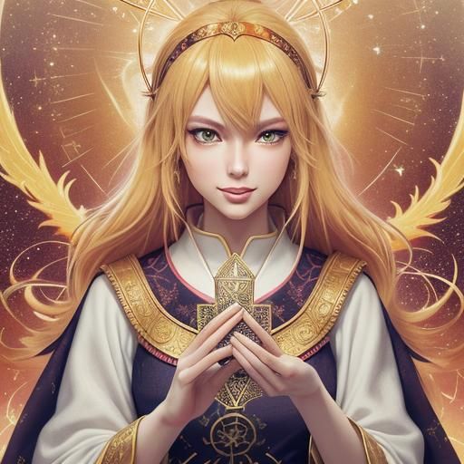 Blonde Tarot Reader Celebrates with Phoenix Headband in Anim...