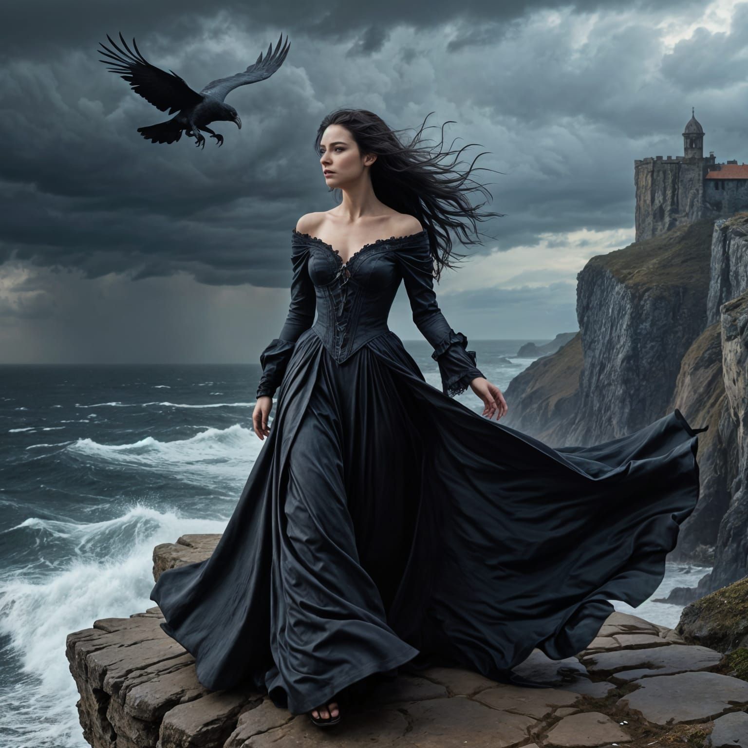 Gothic Woman on Cliff Overlooking Stormy Sea