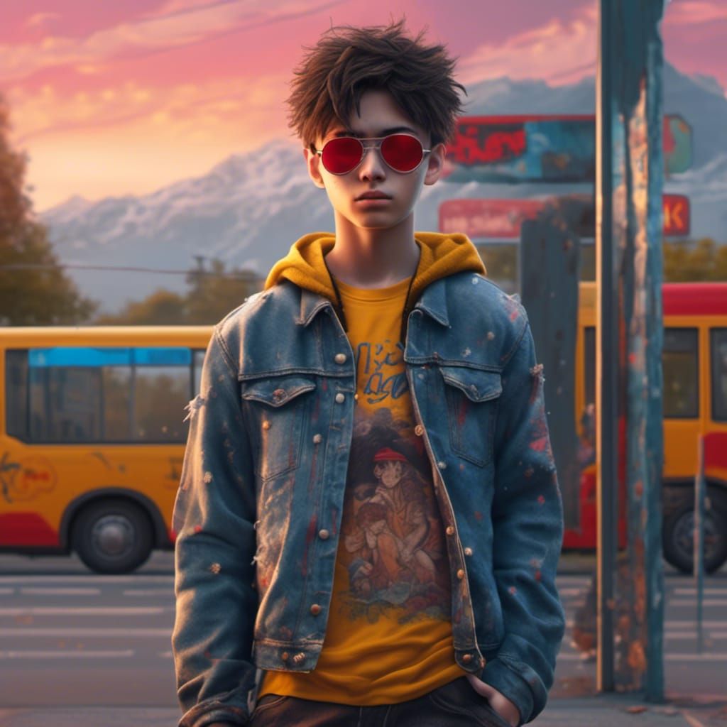 Hyperrealistic Teen with Eye Patch at Bus Stop