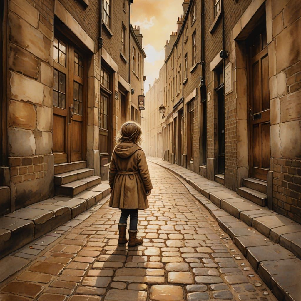 Girl in London Street: Sepia Watercolour