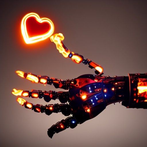 Robot Hand Holding a Flaming Heart