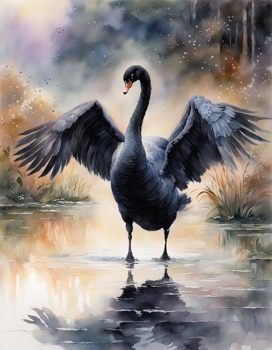 Ethereal Swan on Sunlit Pond in Watercolour and Ink