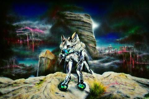 Cybernetic Wolf in Retrofuturistic Moonscape, Digital Art