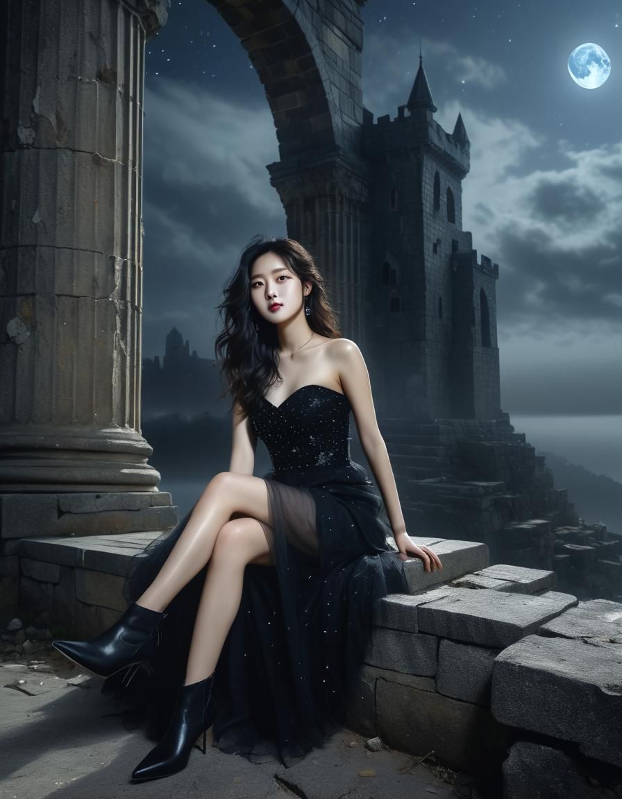 Ethereal Woman in Ruins: Chiaroscuro Oil Painting