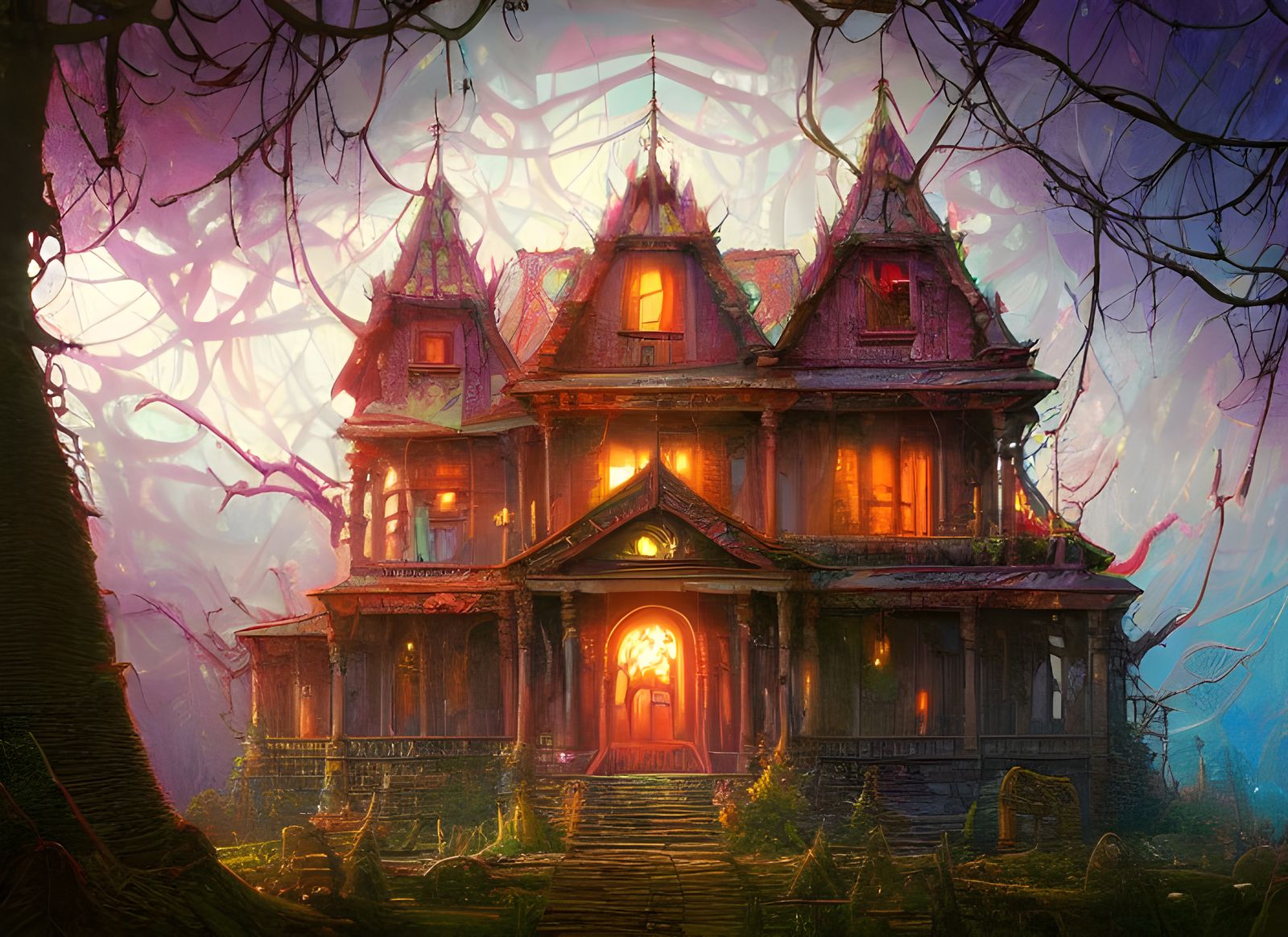 Mystical Haunted House in Surreal Geometric Style