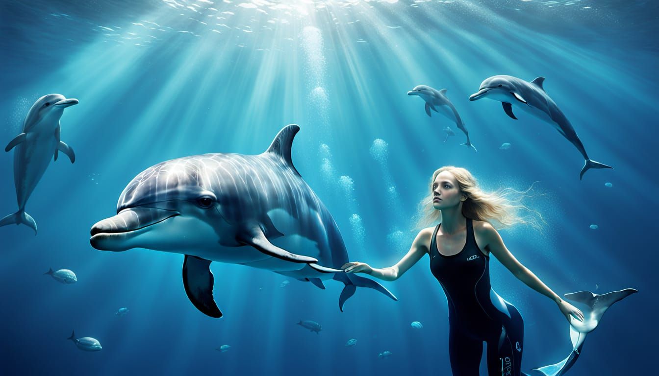 Woman and Dolphin in Deep Ocean Photo