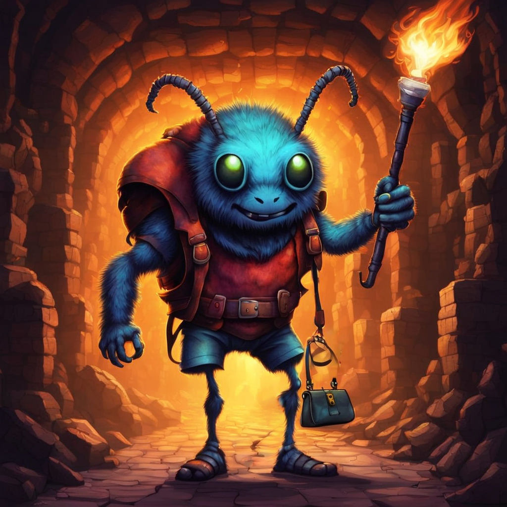 Giant Ant with Hairy Feet Holds Handbag in Torchlit Dungeon