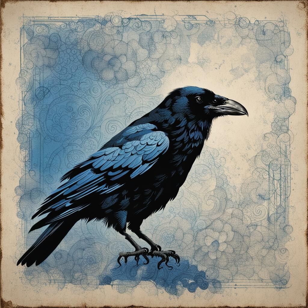 Distressed Etching of a Solitary Black Raven