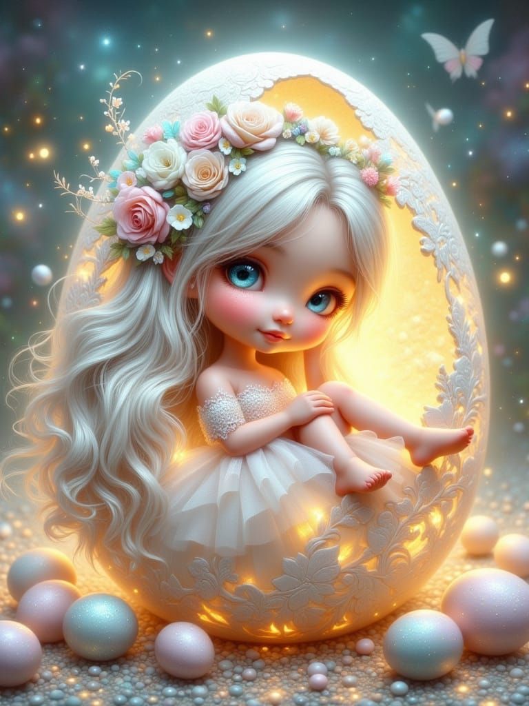 Ethereal Chibi Girl in a Glowing Cracked Easter Egg