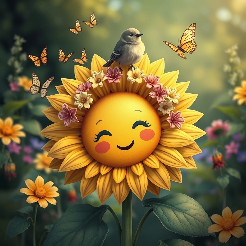 a kawaii sunflower with a smiling face. There are delicate butterflies flying around the sunflower, and a bird is perche...