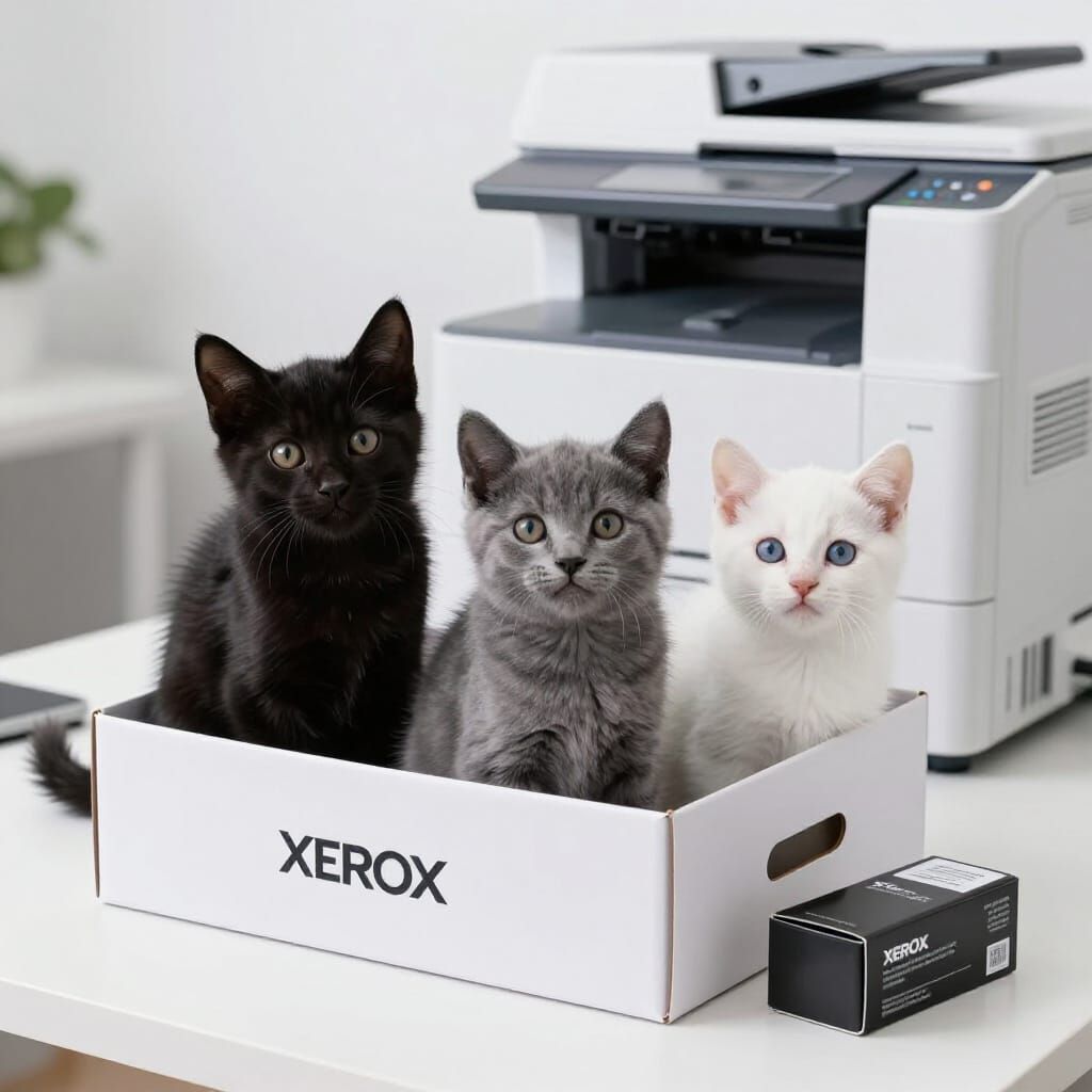 Kittens Sitting in Xerox Box Near Copy Machine
